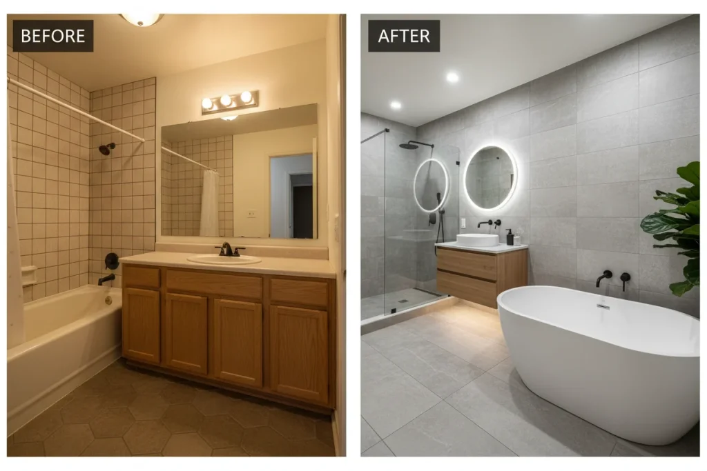 Before and after bathroom remodel transformation by a professional contractor in North Texas