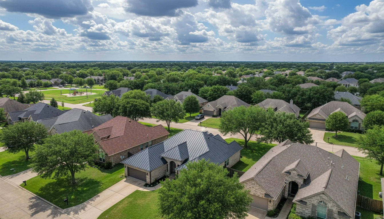 North Texas homes with different roofing materials including metal and asphalt shingles in Denton County