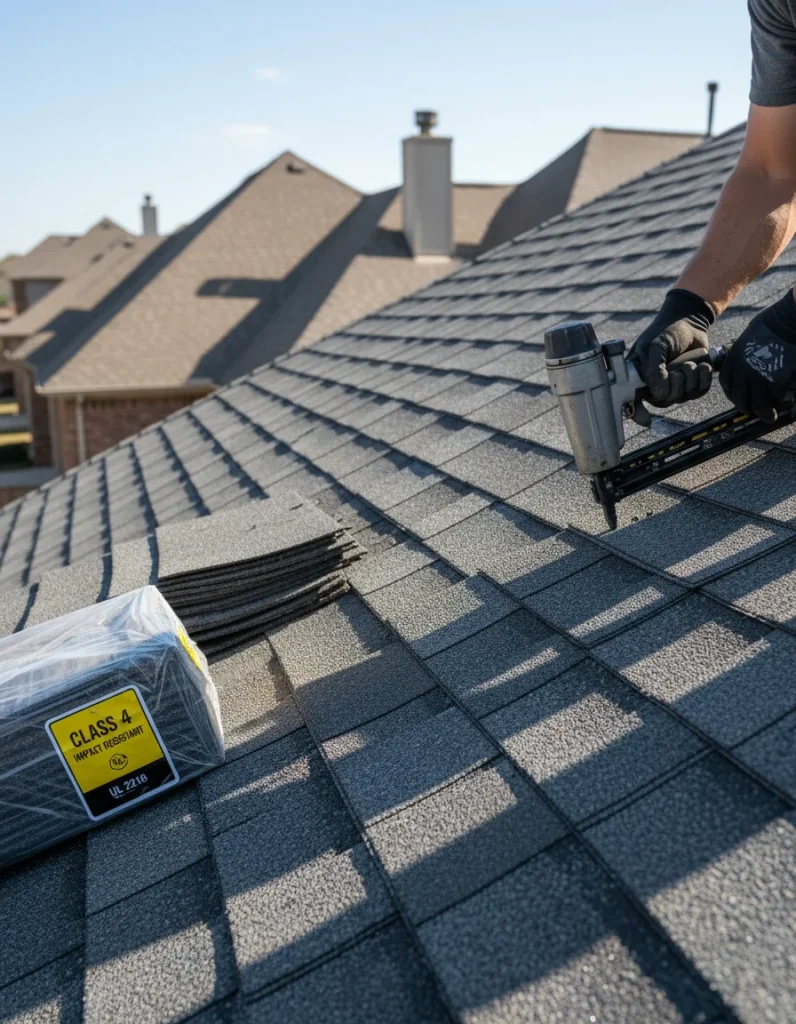 Class 4 impact-resistant shingle installation during hail damage roof replacement in Denton County