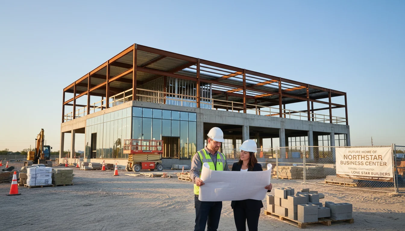Commercial general contractor reviewing building plans with a business owner at a North Texas construction site