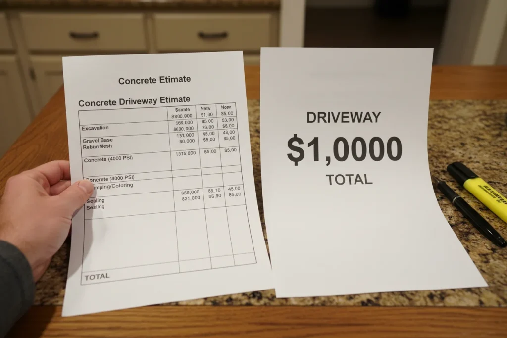 Homeowner comparing two concrete driveway contractor estimates side by side