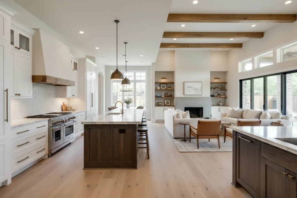 A finished open-concept kitchen and living area in a North Texas home showing quality craftsmanship, natural light, and modern finishes after a full remodel