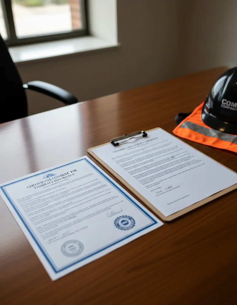 Concrete contractor insurance certificate and project contract documentation in Texas