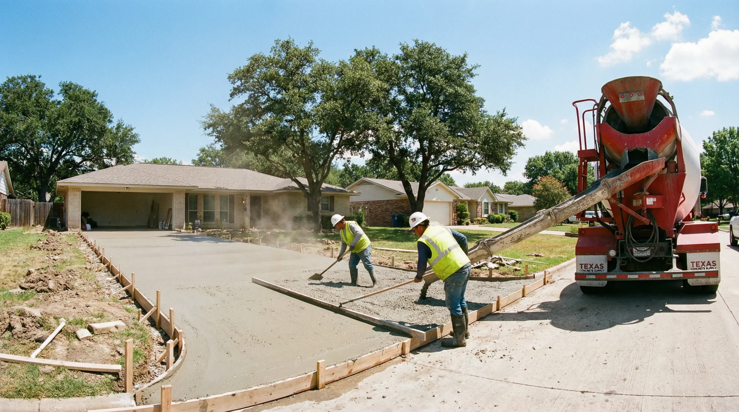Concrete crew applying a broom finish to a freshly poured driveway in North Texas