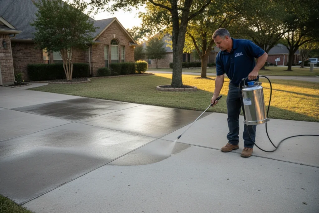 Professional sealer application on a concrete driveway in Denton, TX