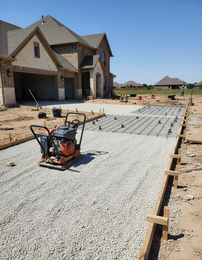 Concrete driveway subgrade preparation with forms and rebar reinforcement in North Texas