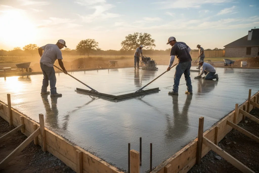 Concrete finishing crew smoothing a freshly poured foundation slab in North Texas