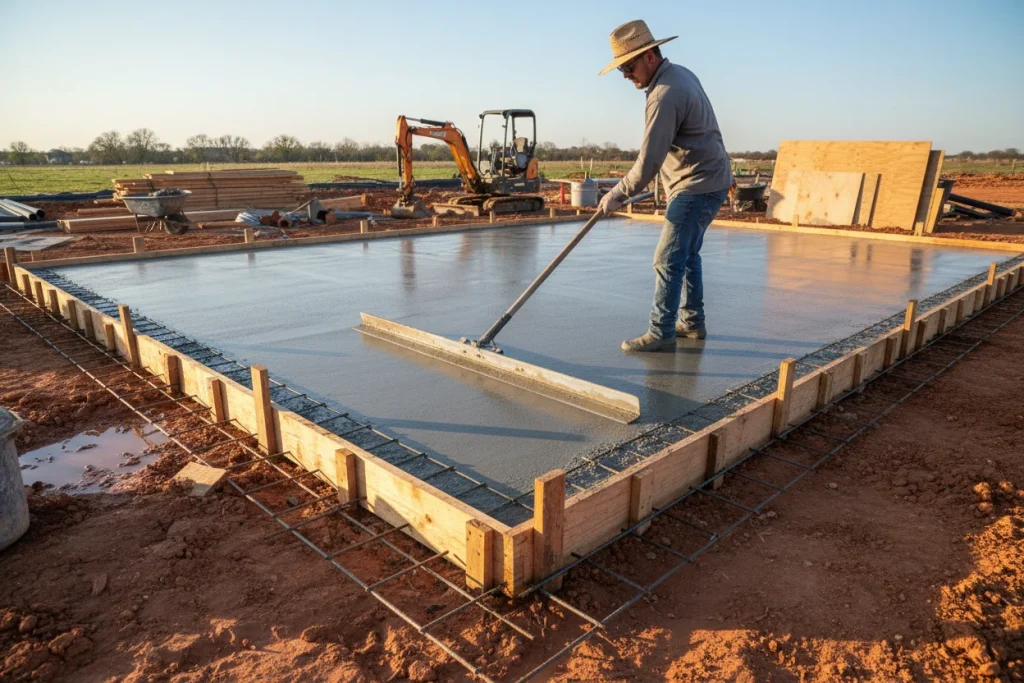 Concrete contractor smoothing a freshly poured foundation slab in North Texas