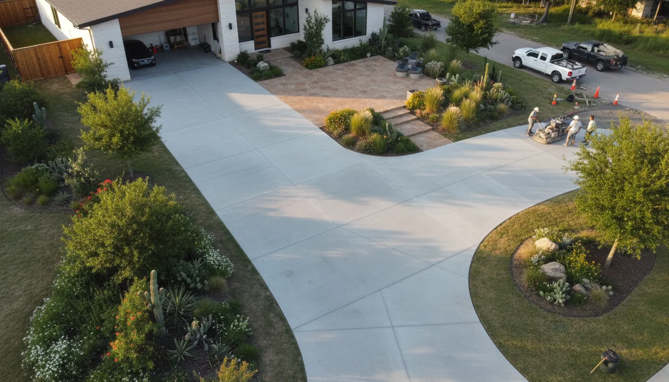 Freshly poured concrete driveway and patio at a Denton TX home showcasing professional concrete services