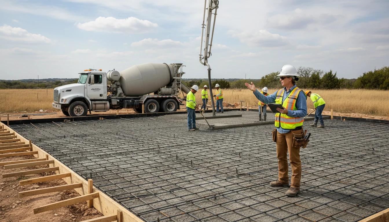 A concrete contractor overseeing the pouring of a residential foundation slab in North Texas with a rebar reinforcement grid visible in the foreground and a concrete truck in the background