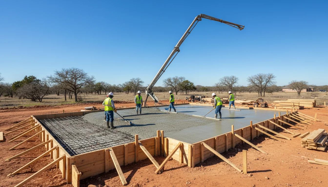 Concrete foundation slab being poured on a residential construction site in North Texas