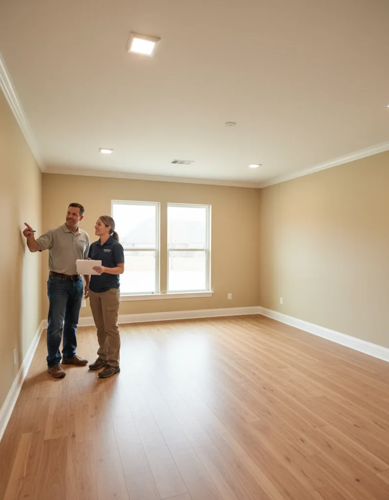 Contractor and homeowner conducting a final walkthrough on a completed construction project in Denton