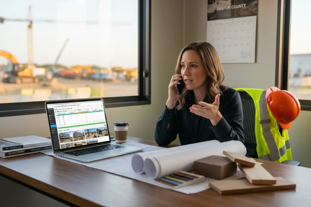 Construction project manager reviewing a digital project timeline and budget dashboard