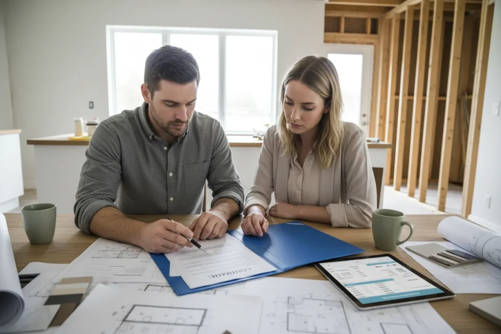 A contractor and homeowner sitting at a kitchen table reviewing a detailed written construction contract with project documents and a tablet showing a project management dashboard
