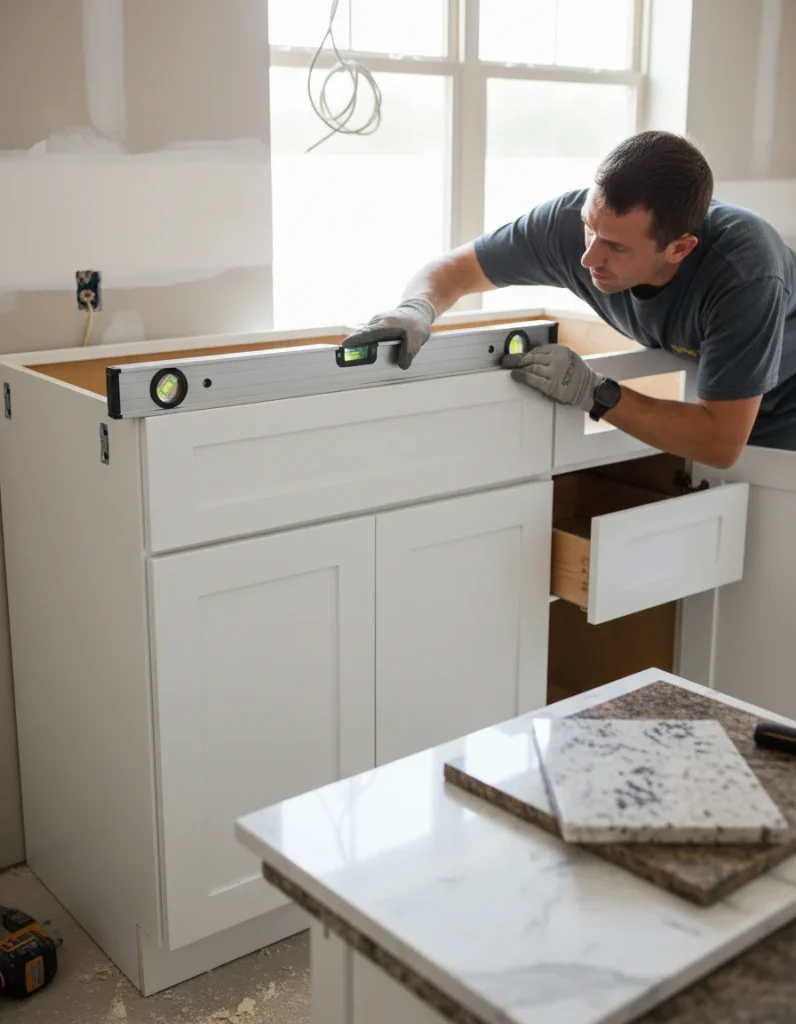 Custom kitchen cabinet installation during a professional remodel in Denton County