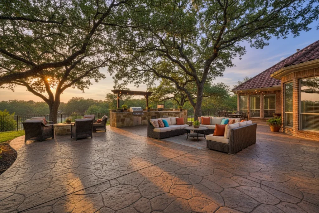 Decorative stamped concrete patio with outdoor kitchen area at a North Texas home
