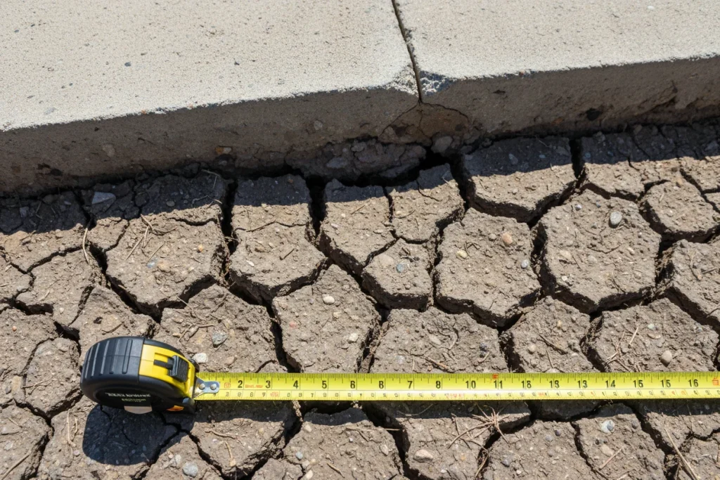Expansive clay soil cracking patterns near a concrete slab foundation in North Texas