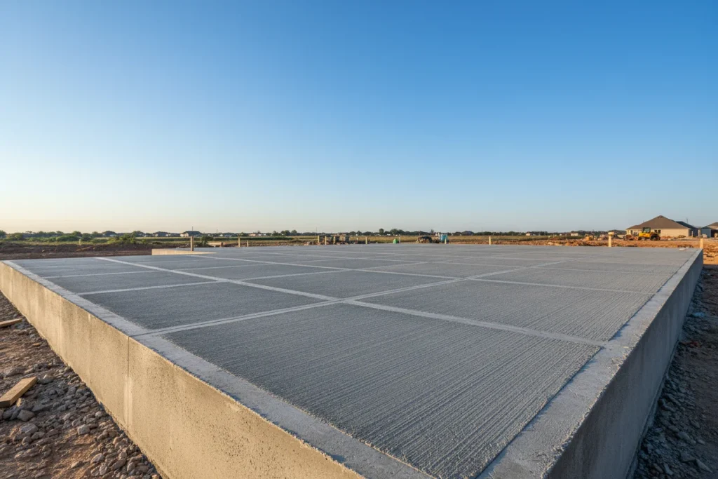 A freshly poured and finished residential concrete foundation slab in North Texas with clean edges, visible control joints, and a broom finish texture under a clear blue Texas sky