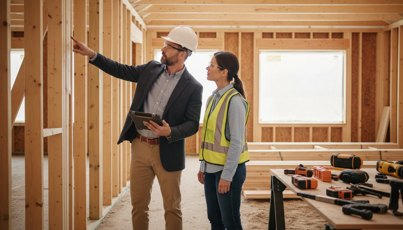 A professional general contractor walking a homeowner through an active residential construction site in North Texas, reviewing framing details on a tablet