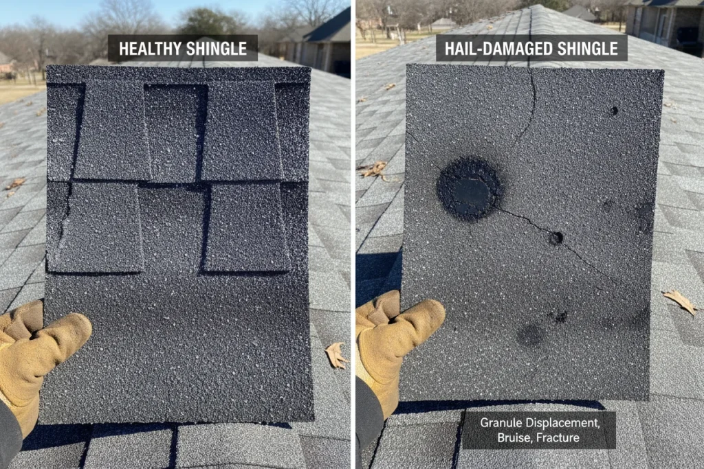 Comparison of a healthy shingle versus a hail-damaged shingle during a Denton roof inspection