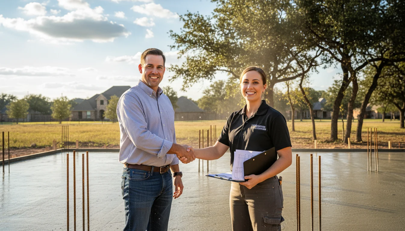 Homeowner meeting with a concrete contractor at a residential job site in Denton County Texas