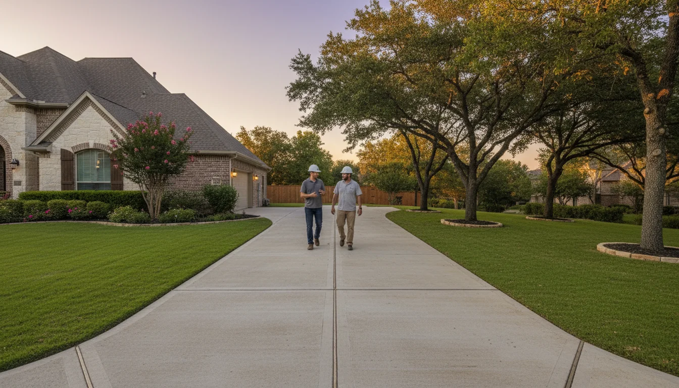 Homeowner and concrete driveway contractor reviewing a completed project in Denton County Texas
