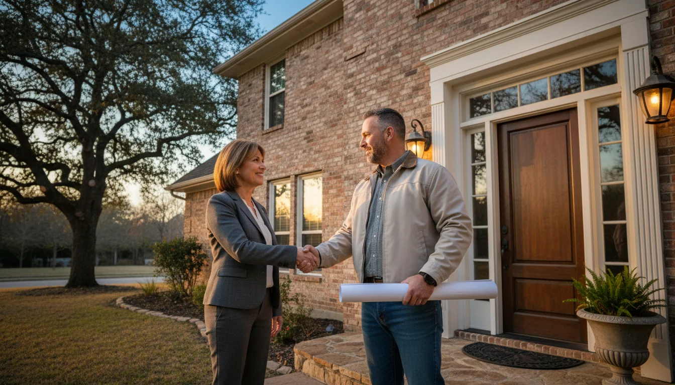 A homeowner and contractor shaking hands at the front door of a well-maintained North Texas home with architectural plans visible under the contractor's arm