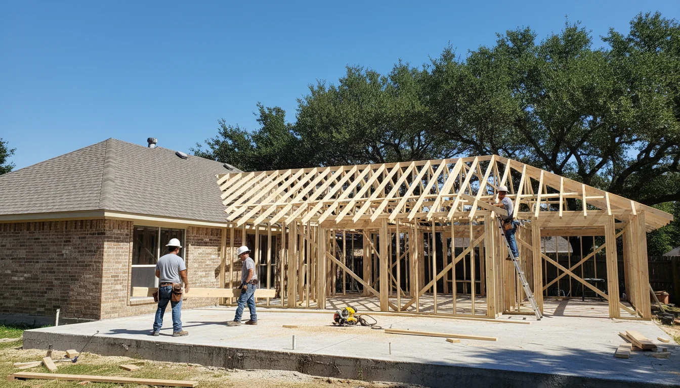 Home addition under construction in Denton Texas with new framing extending from existing home