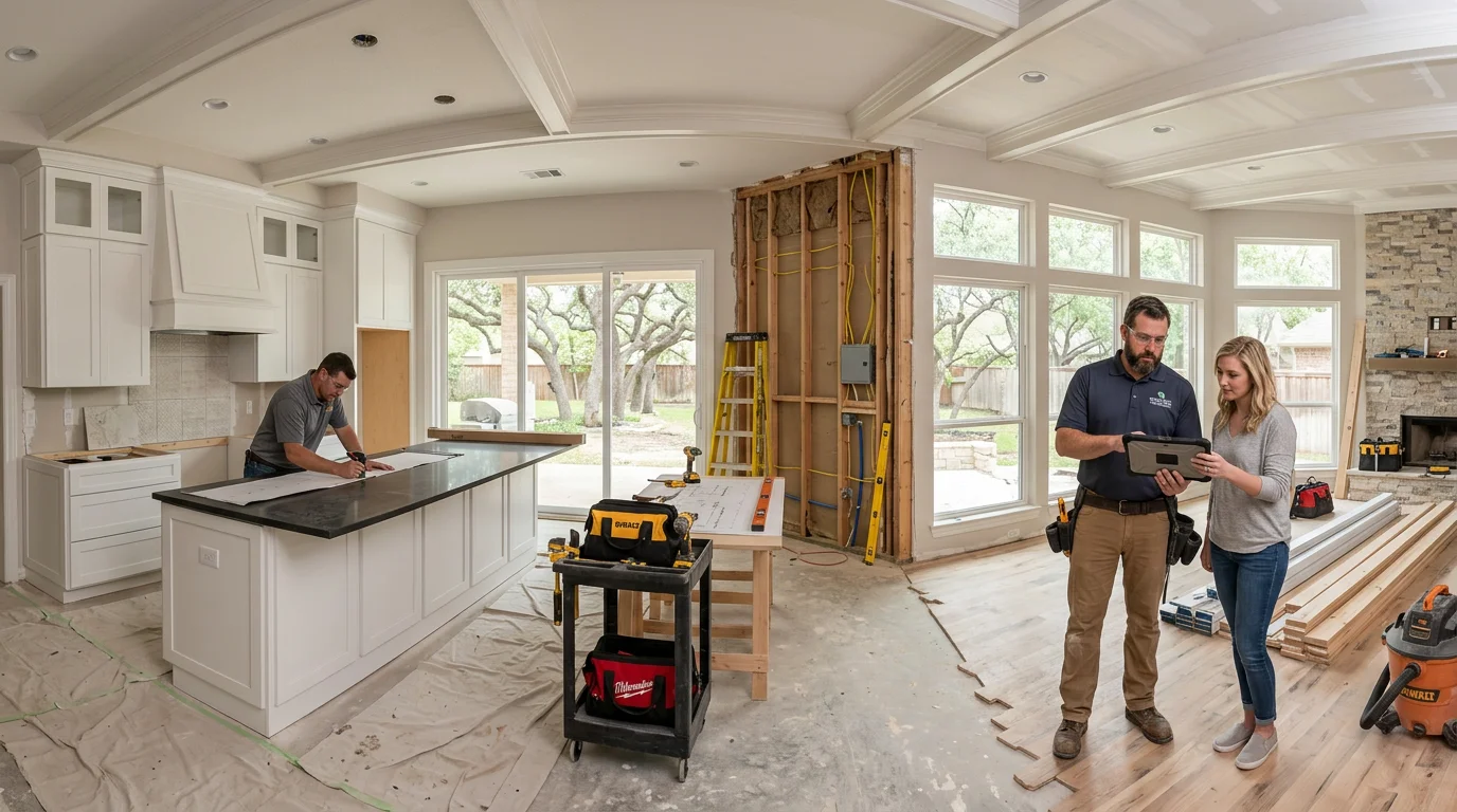 Home remodeling project in progress in Denton, Texas, showing kitchen renovation with contractor reviewing plans