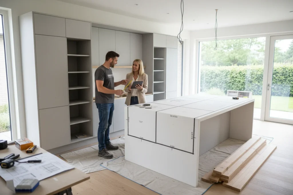 Homeowner and general contractor reviewing a kitchen remodel in progress