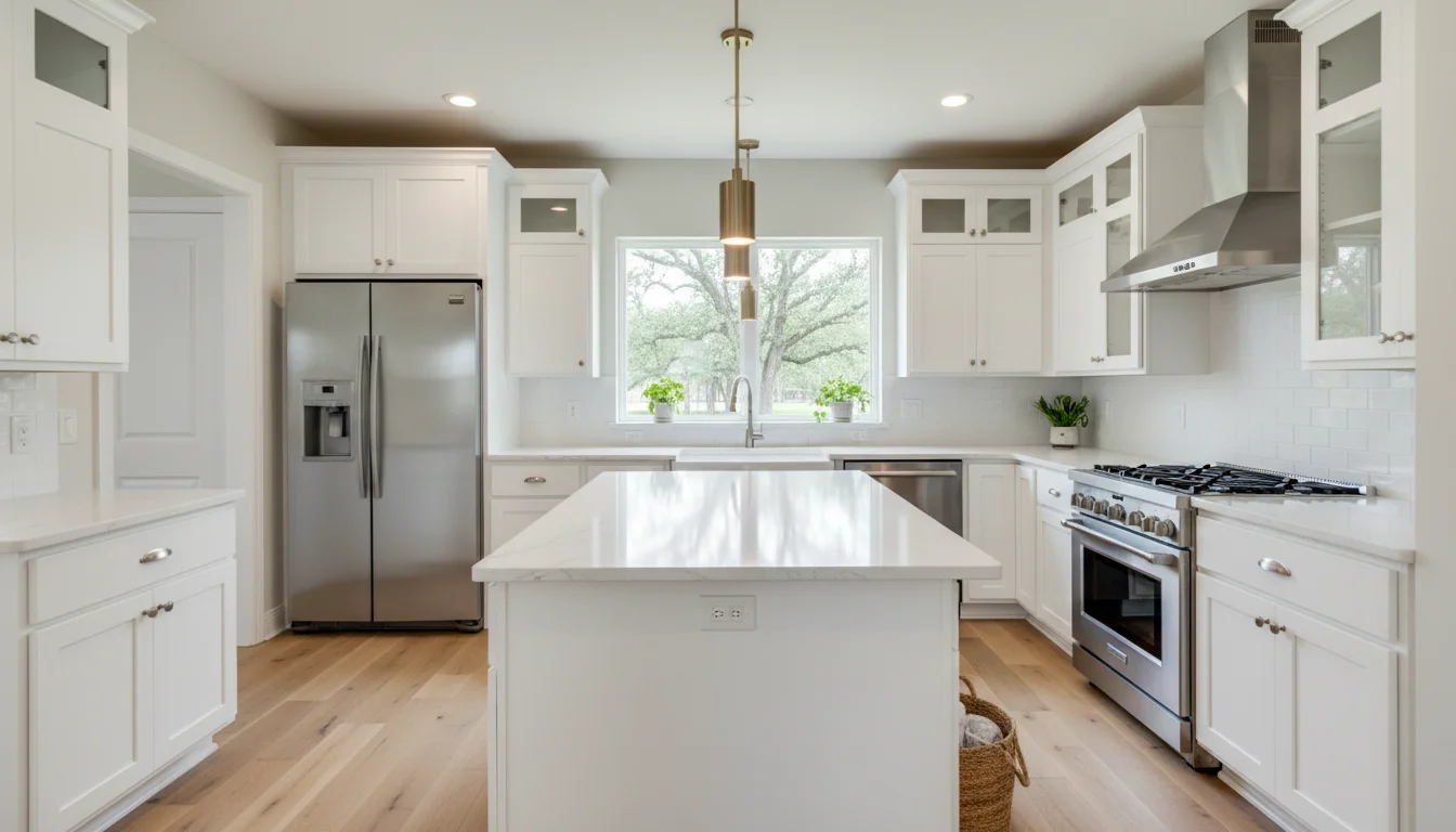 Professionally remodeled kitchen in a Denton, TX home with custom cabinetry and quartz countertops