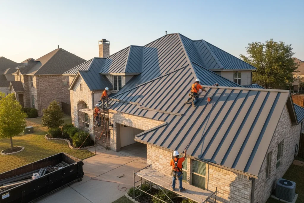 Professional metal roof installation on a residential home in Denton County Texas