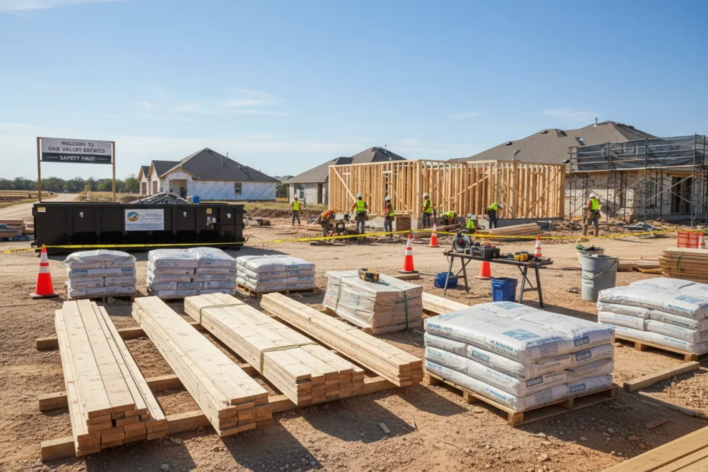 A clean and organized active residential construction site in North Texas with safety equipment visible and a professional crew working in the background