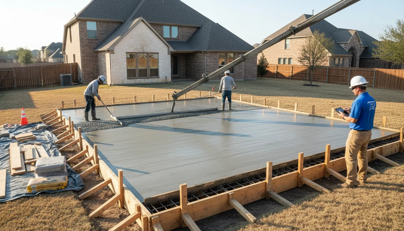 Professional concrete crew pouring and leveling a residential patio slab in Denton County, TX
