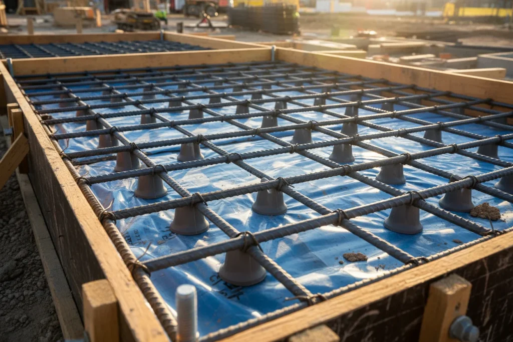 Rebar reinforcement grid and vapor barrier prepared inside concrete slab foundation forms