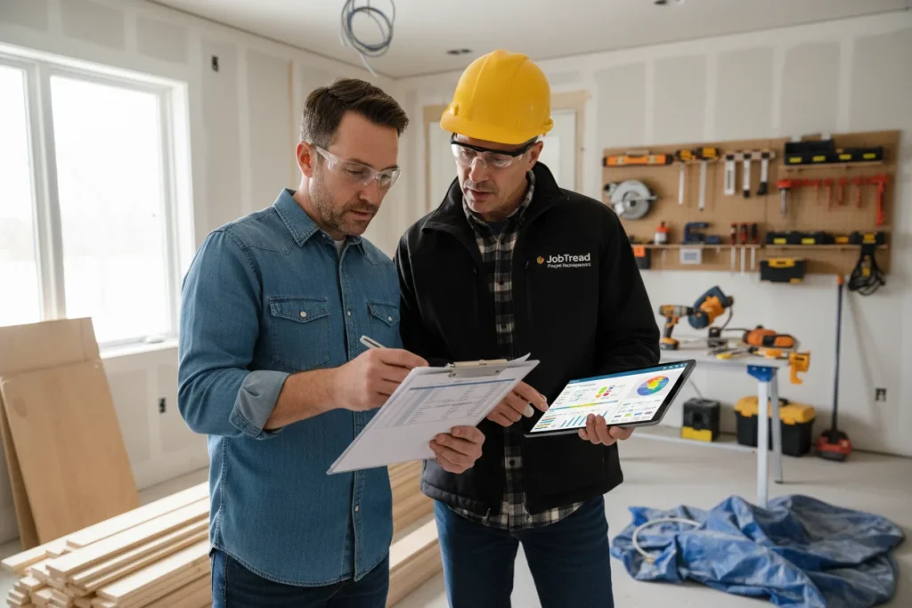 Homeowner and remodeling contractor reviewing project estimates and plans together