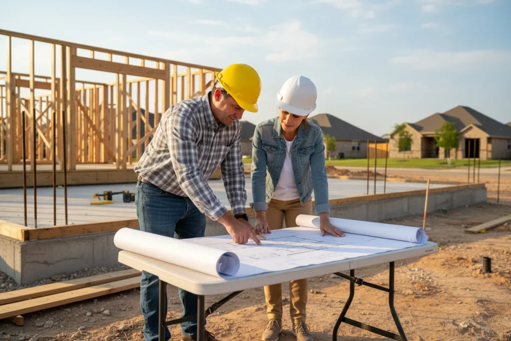 Denton contractor and homeowner reviewing residential construction blueprints on site