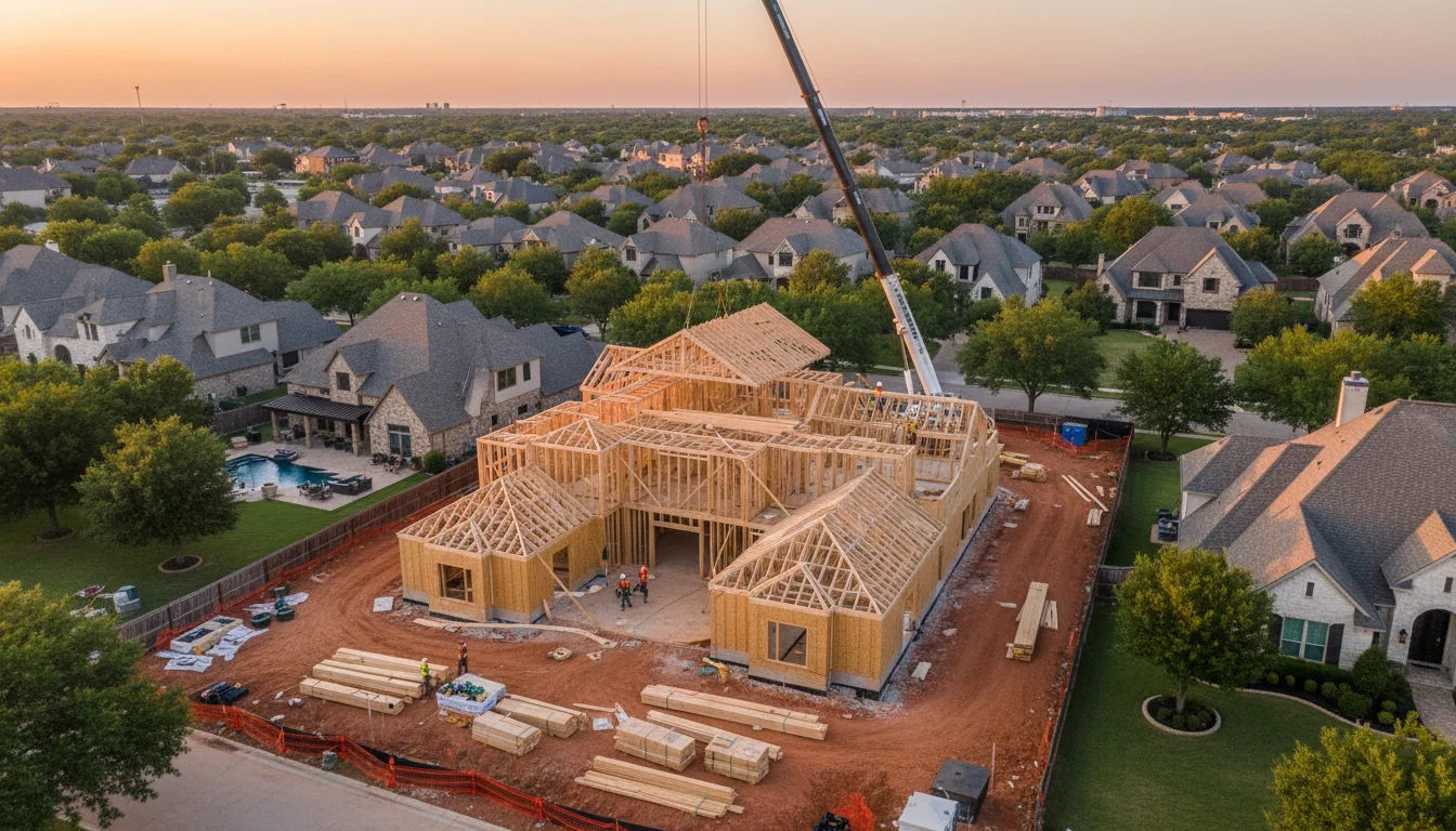 Custom residential home under construction in Denton County, Texas