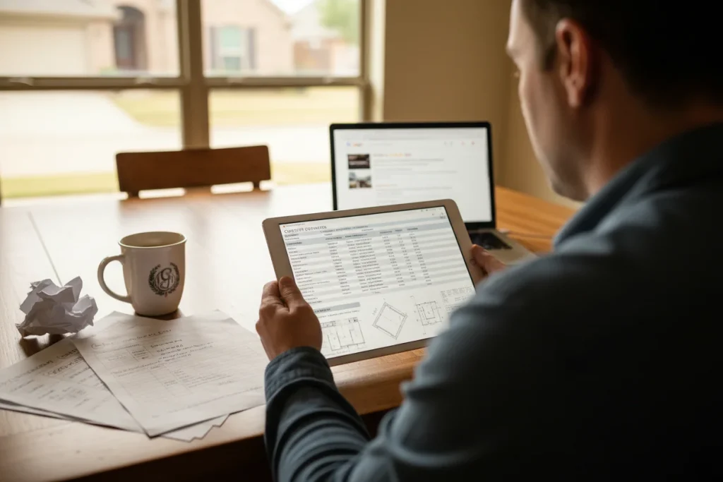 Homeowner reviewing concrete contractor estimates and credentials in North Texas