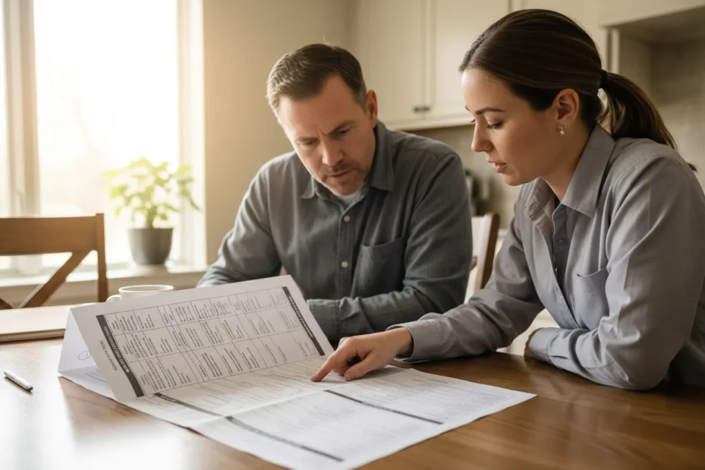 Denton homeowner reviewing a detailed roofing estimate with a local contractor