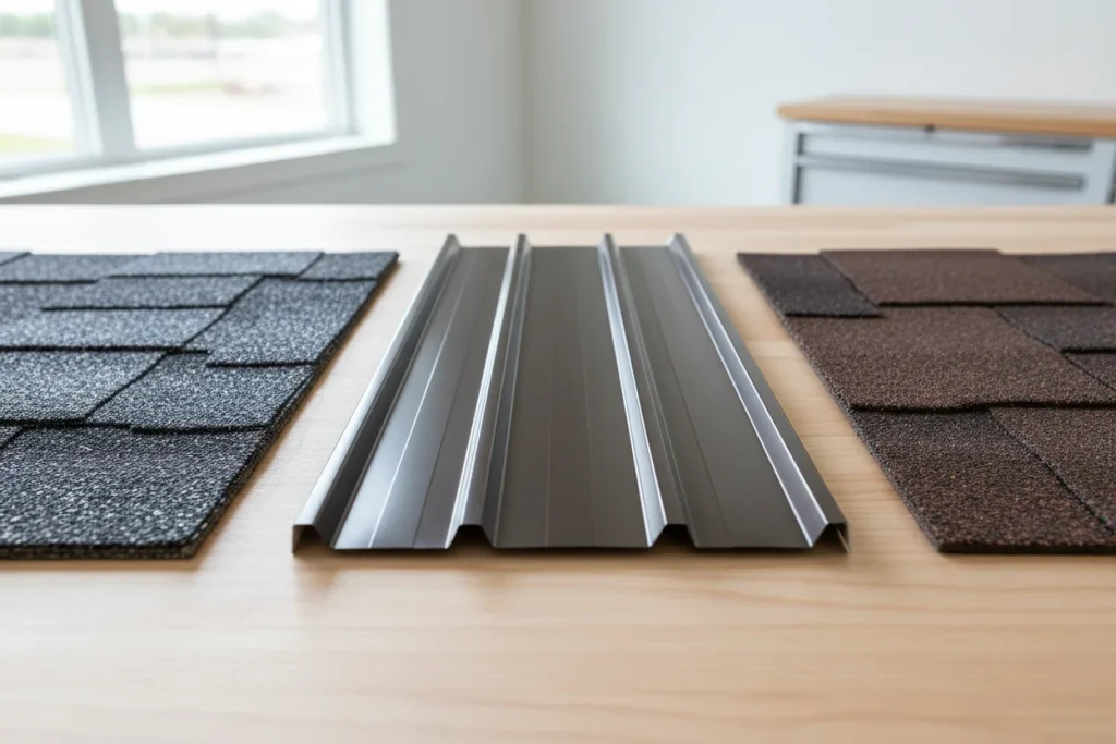Roofing material comparison showing Class 4 shingles metal roofing and EuroShield rubber shingles
