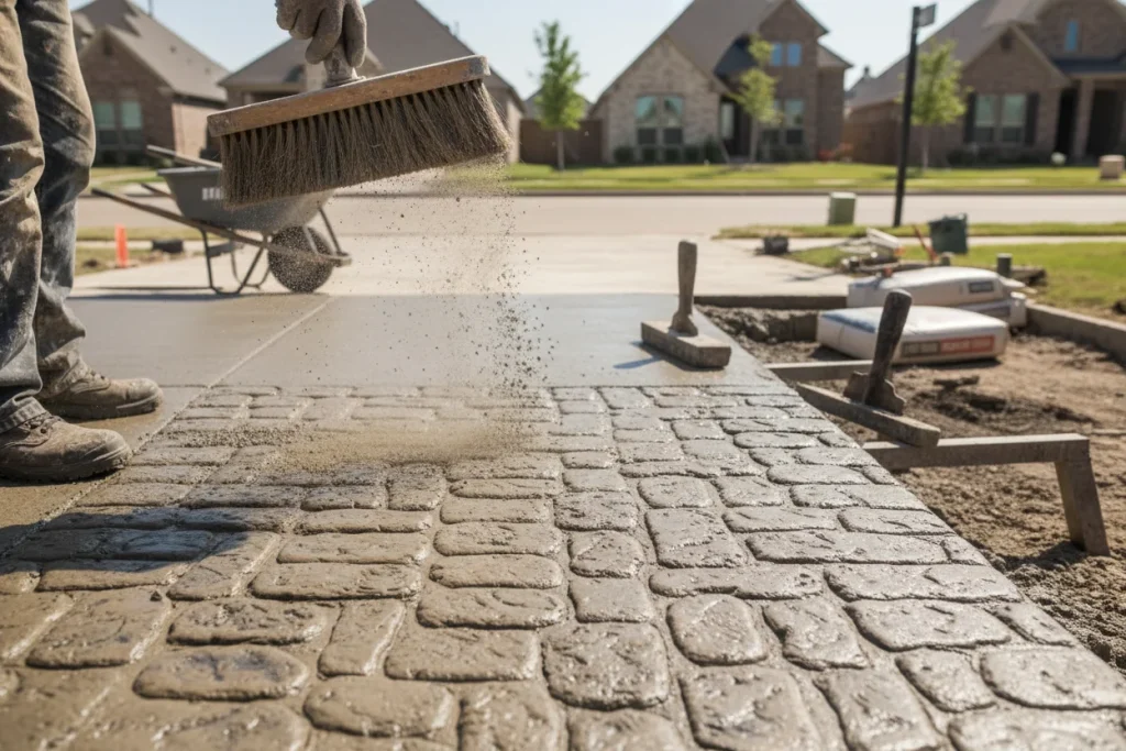 Concrete contractor stamping a decorative pattern into a fresh concrete driveway