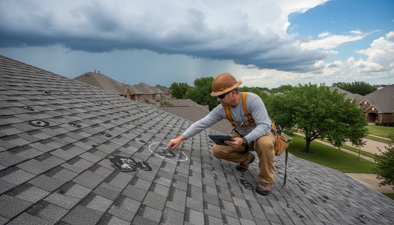 Roofing professional inspecting hail damage on a residential roof in Denton, TX