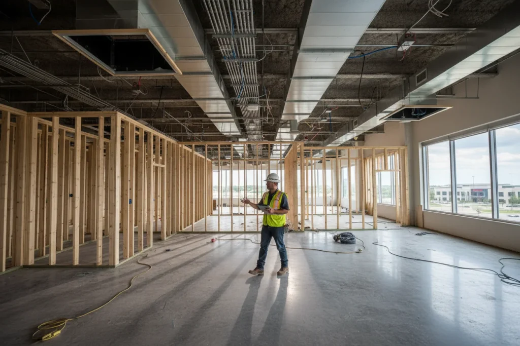 Tenant build-out construction in progress at a North Texas commercial space