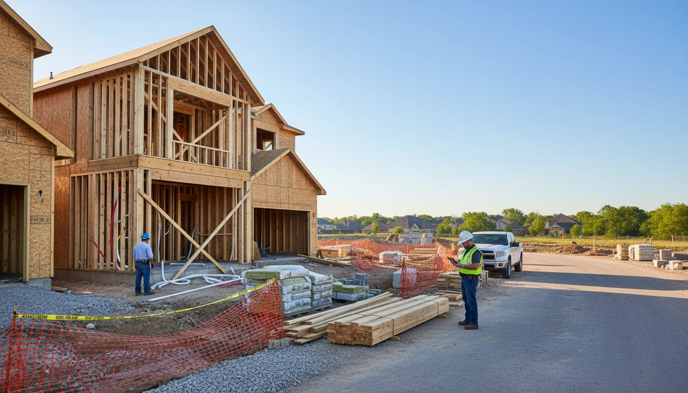Active residential construction project in Denton County with multiple trades working simultaneously
