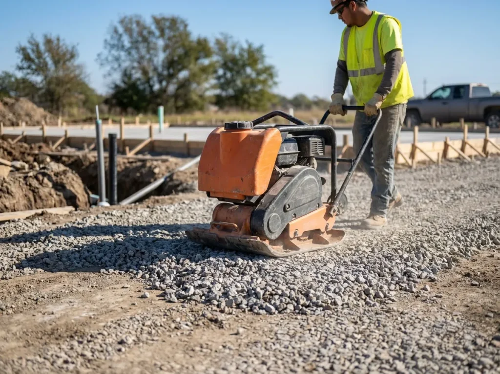 Compacting the aggregate base course during Denton foundation site preparation
