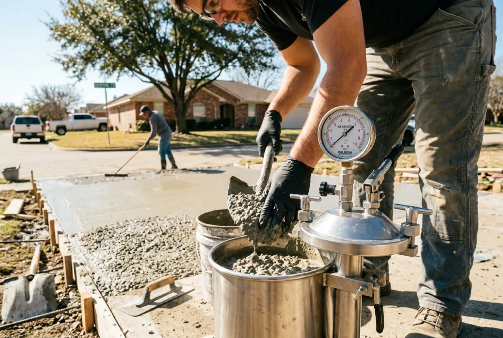 Pressure meter air content test on fresh concrete at a Denton driveway pour verifying 5 percent air entrainment