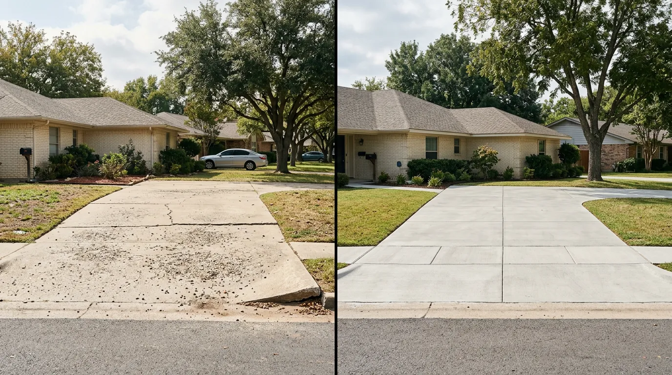 Cheap cracked concrete driveway beside a sound quality driveway in Denton TX illustrating long-term cost difference