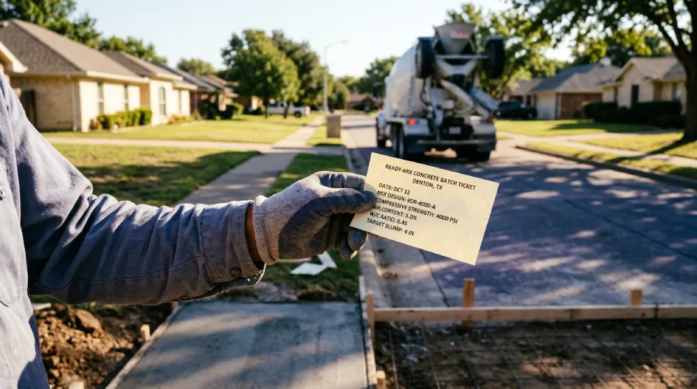 Concrete batch ticket review on a Denton driveway pour showing 4,000 psi mix design and air entrainment specifications
