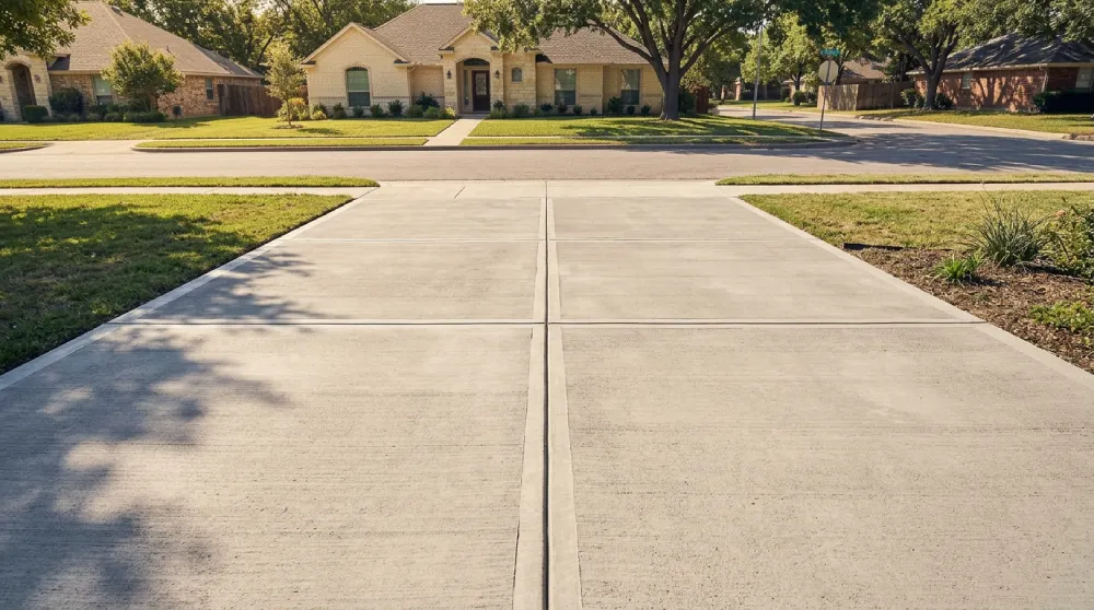 Sawcut control joint pattern on a finished concrete driveway in Denton TX showing 10 to 12 foot panel spacing and proper joint depth
